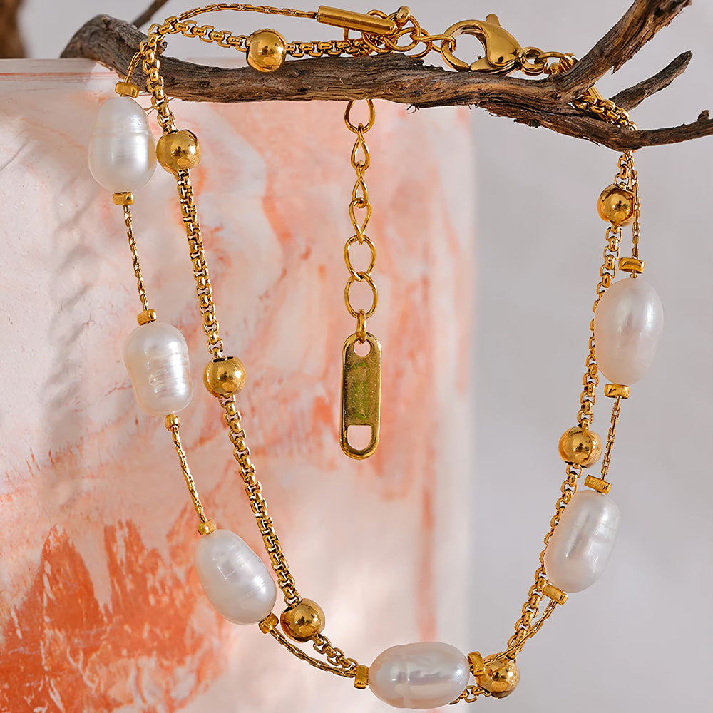 Pulseira Feminina Dourada de Pérolas Naturais Dupla - Banhada a Ouro 18k, detalhes