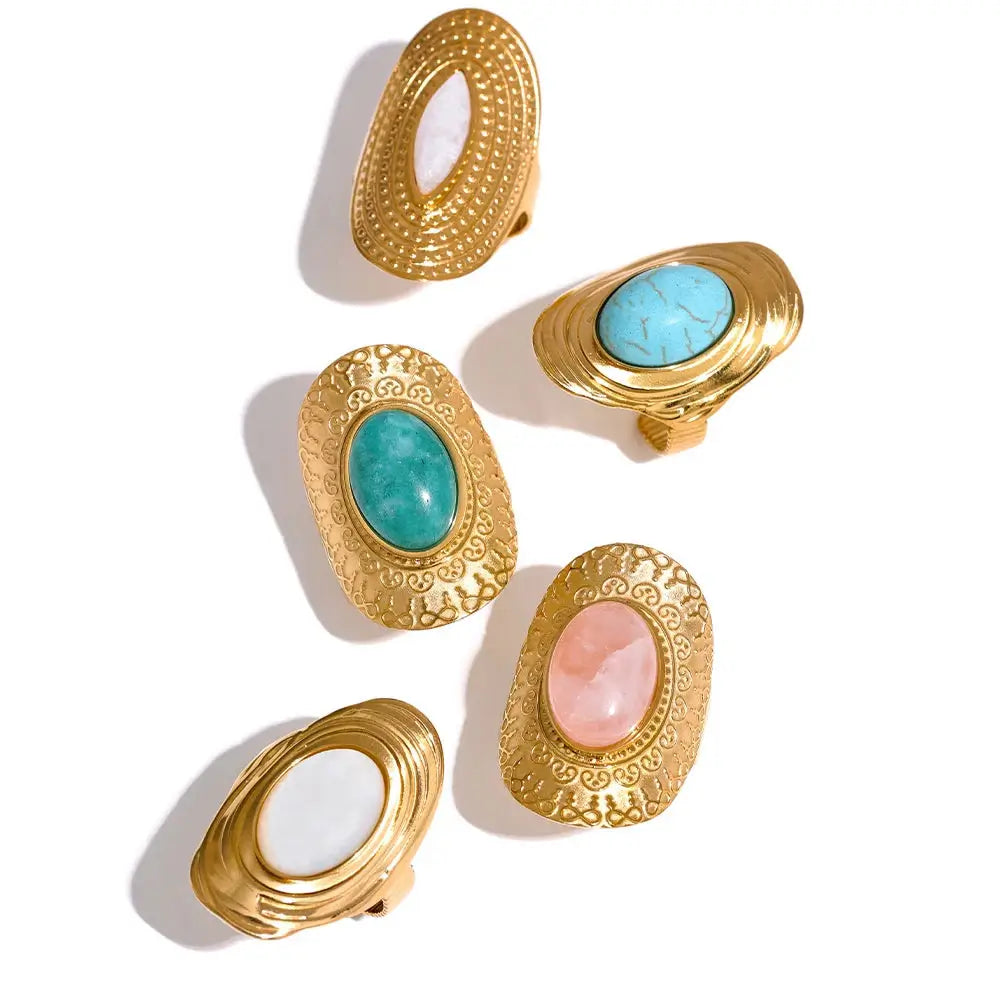 Anel Boho Ajustável Aurivana com Pedra Natural - Banhado a Ouro 18k Veliur