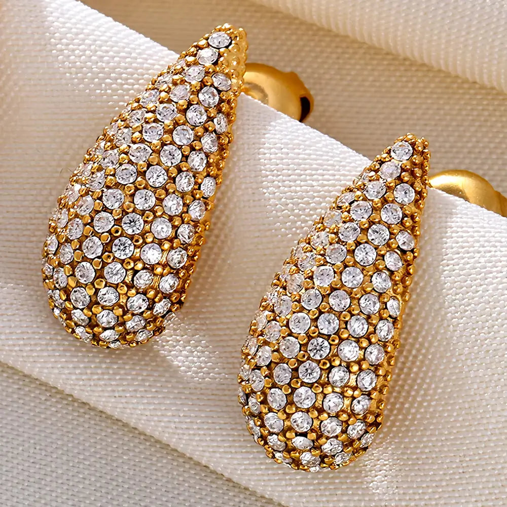 Detalhes do Brinco Feminino Gota Dourado Cravejado com Zircônias Aurianne - Banhado a Ouro 18k