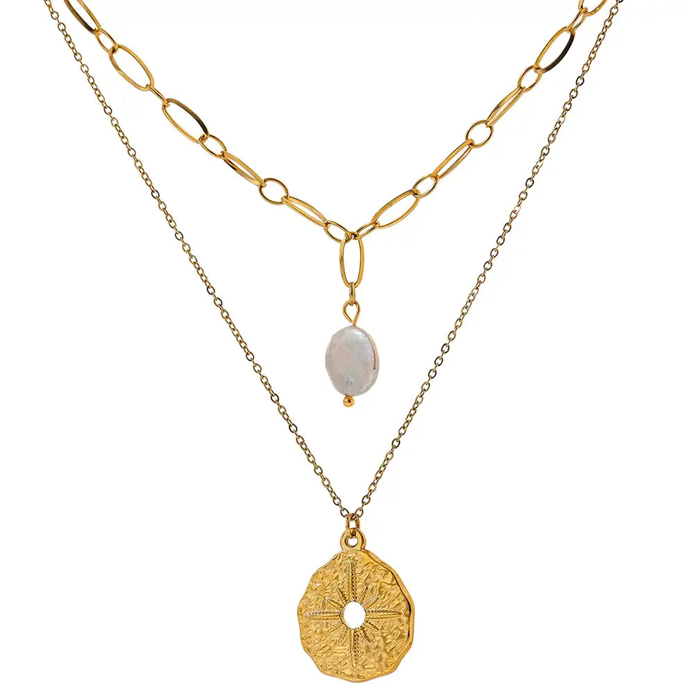 Colar Feminino Dourado Duplo com Pérola Natural e Estrela do Norte Estelle - Banhado a Ouro 18k