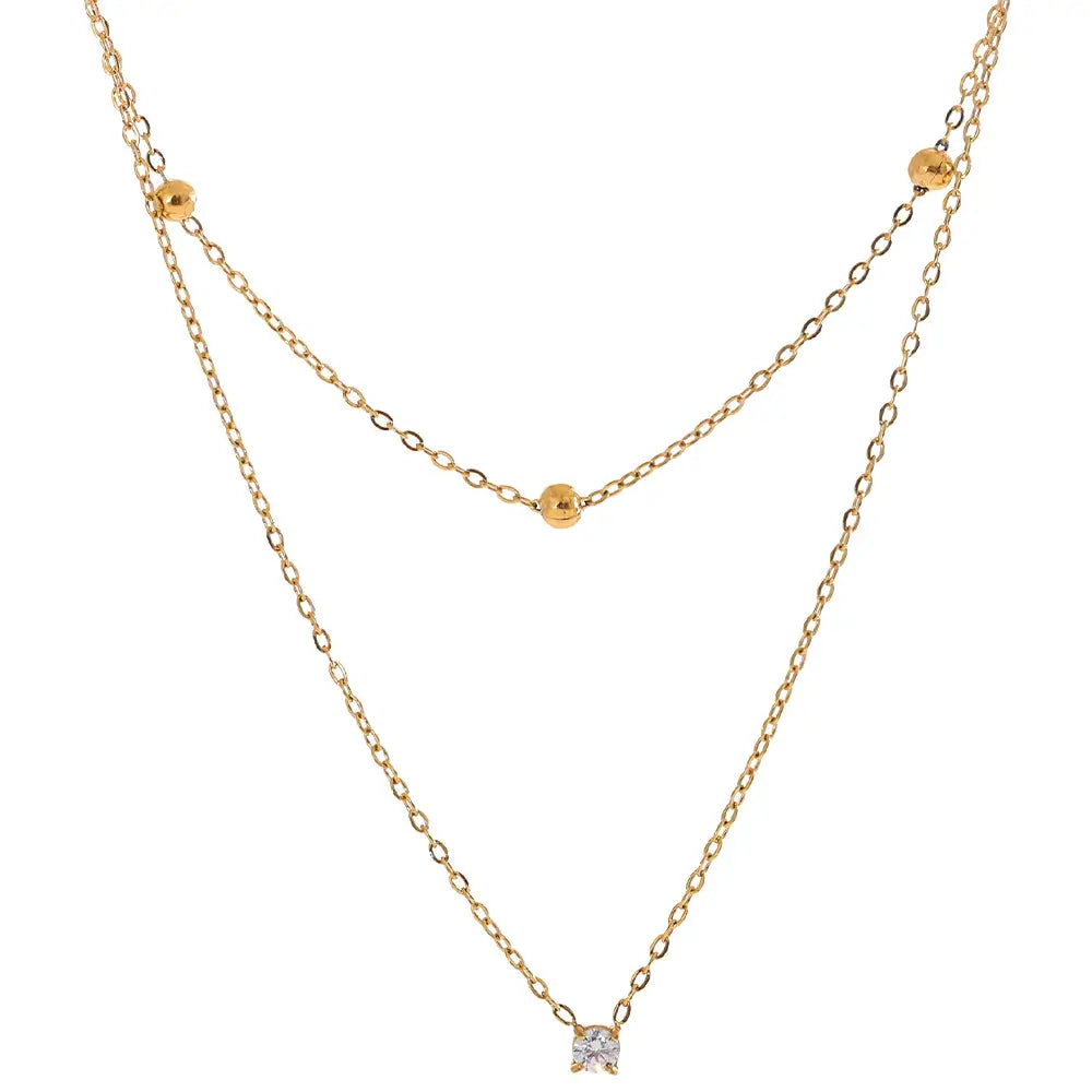 Colar Feminino Dourado duplo ponto de luz com zircônia Liora, destaque para o brilho das pedras em fundo branco