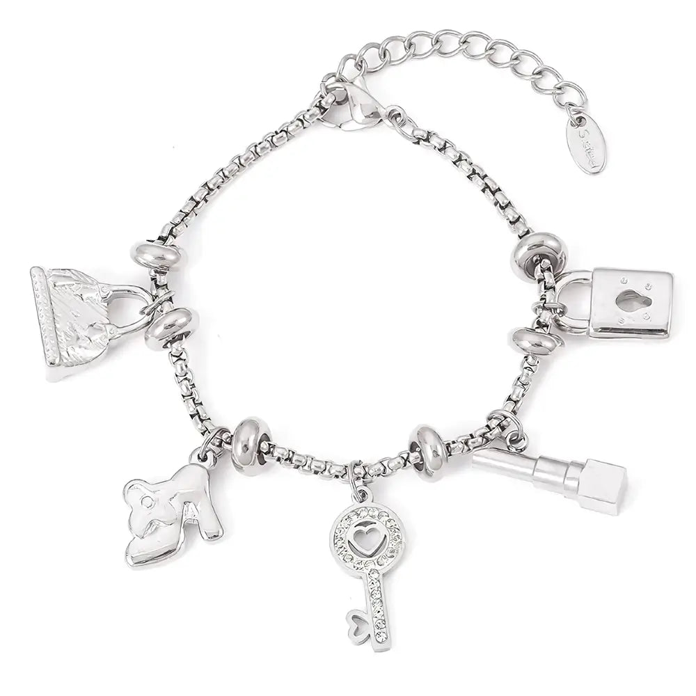 Pulseira Berloques em Aço Inox Prata Feminina de Cadeado, Bolsa, Batom e Chave Luxelle - Banhada a Ouro 18k