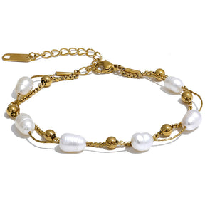 Pulseira Feminina Dourada de Pérolas Naturais Dupla - Banhada a Ouro 18k