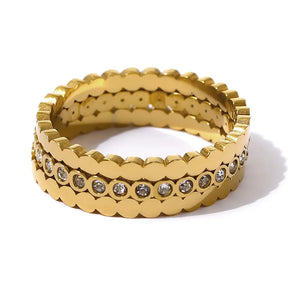 Anel Feminino Dourado Triplo Ondulado com Zircônias Cúbicas Luminara - Banhado a Ouro 18k