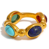 Anel Feminino Com Pedras Naturais Dourado Vintage Lápis-lazúli e Gemas Preciosas Aurélien - Banhado a Ouro 18k