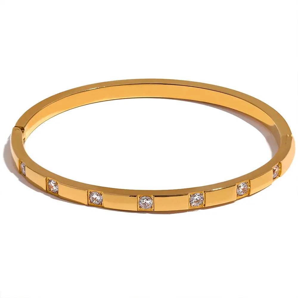 Bracelete Feminino Dourado fino cravejado com zircônias e acabamento espelhado