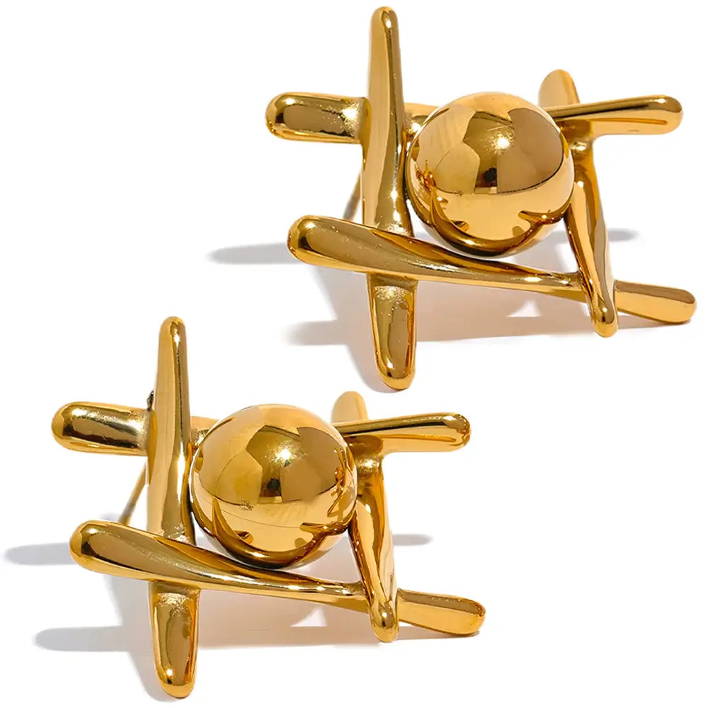 Brinco Feminino Dourado minimalista hashtag com esfera, acabamento liso e brilho uniforme