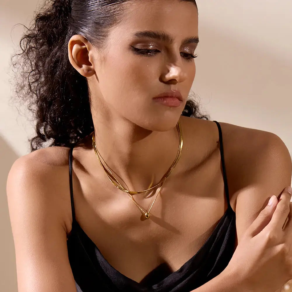Colar Feminino Dourado duplo malha snake e rabo de rato com brilho intenso e design elegante