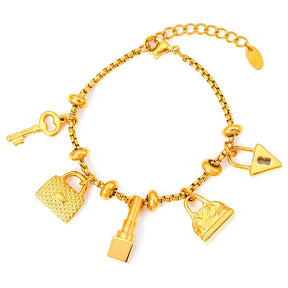 Pulseira Berloques em Aço Inox Dourada Feminina de Cadeado, Bolsa, Batom e Chave Luxelle - Banhada a Ouro 18k Dourado