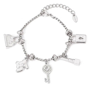 Pulseira Berloques em Aço Inox Prata Feminina de Cadeado, Bolsa, Batom e Chave Luxelle - Banhada a Ouro 18k