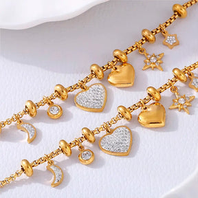 Pulseira com Berloques Charmévia de Coração, Estrela e Lua com Zircônias - Banhada a Ouro 18k Veliur