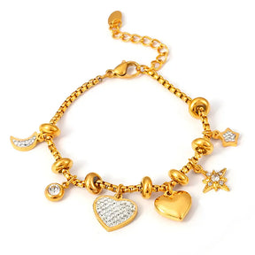 Pulseira com Berloques Charmévia de Coração, Estrela e Lua com Zircônias - Banhada a Ouro 18k Veliur