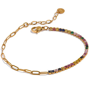 Pulseira Feminina Dourada de Elos Retangulares e Zircônias Tingidas Liora - Banhada a Ouro 18k