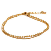 Pulseira Feminina Dourada Dupla Corrente Lisa e de Contas Celine - Banhada a Ouro 18k