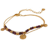 Pulseira Feminina Dourada Dupla de Pedras Naturais e Pingentes Aurélianne - Banhada a Ouro 18k